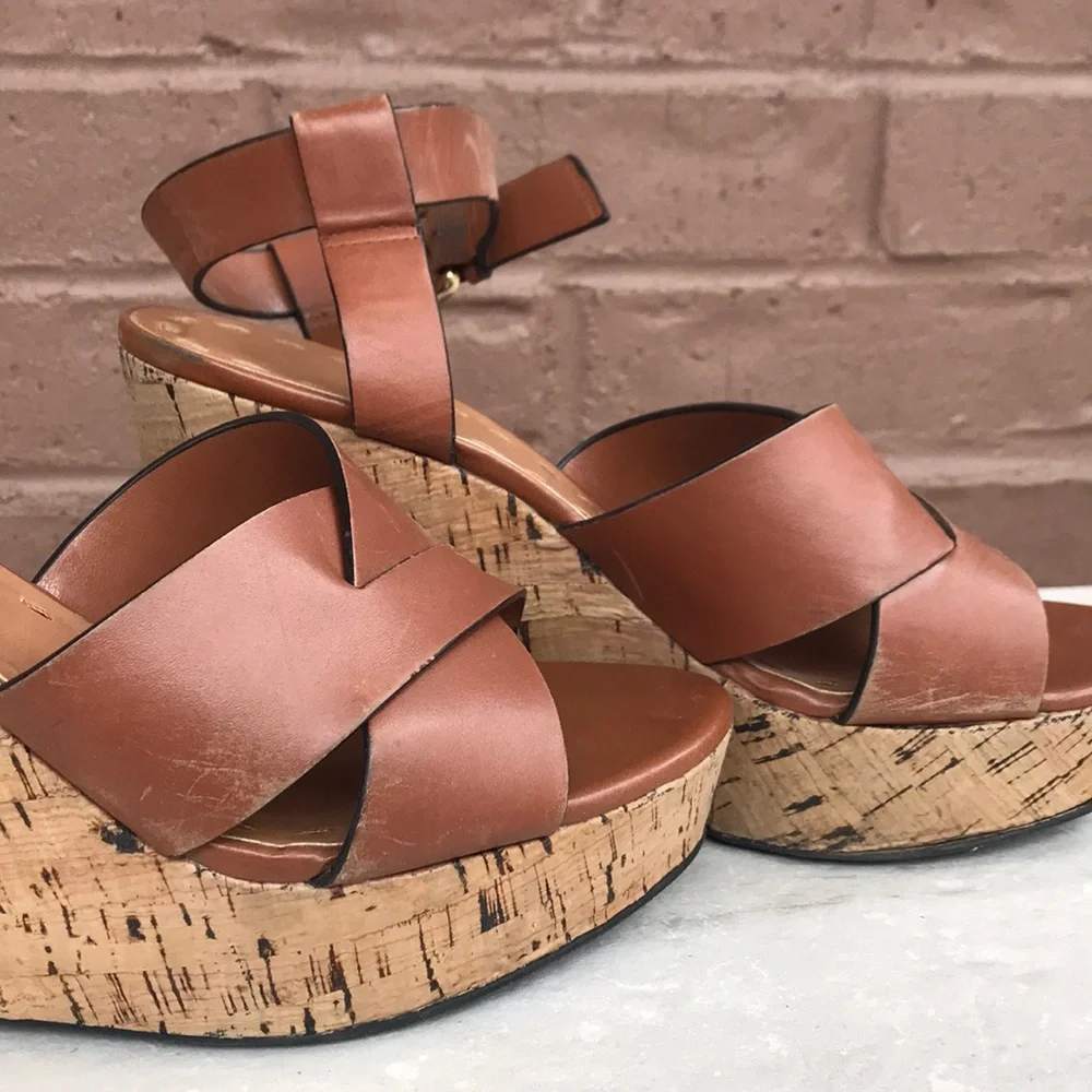 Tahari Tan Leather Cork Platform Wedge Sandals